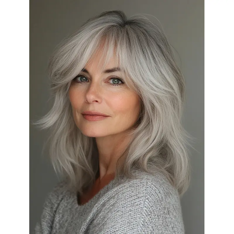 Medium Length Lace Front Wigs Straight With Bangs Grey Remy Human Hair 14" Wigs