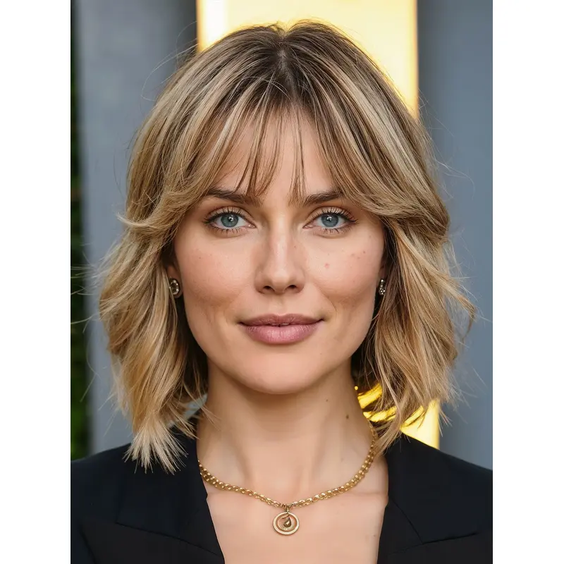 Lace Front Human Hair Wigs Medium Length With Bangs Wavy Blonde Wigs