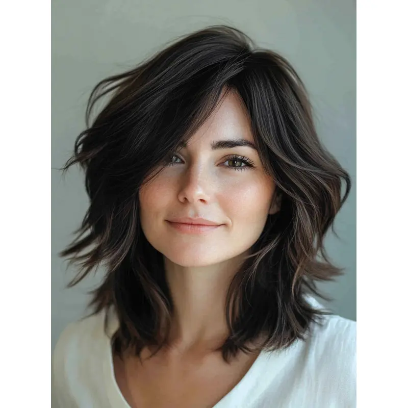 Medium Black Wig 14" Remy Human Hair Layered Shoulder Length Lace Front Wigs