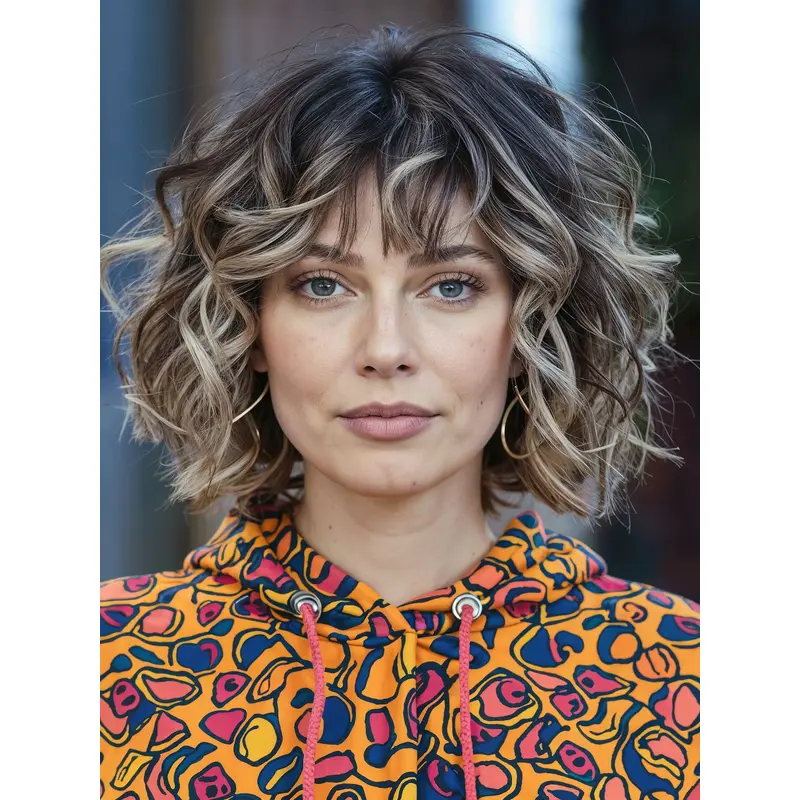 Medium Length Lace Front Wigs With Bangs Wavy Ombre/2 tone Wigs