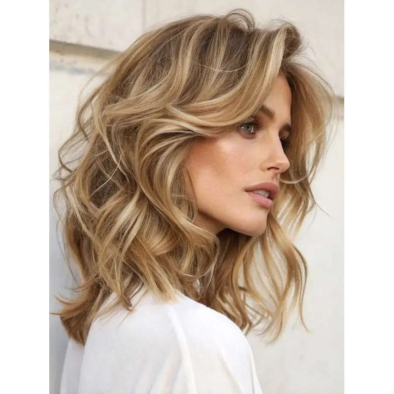 Real Human Hair Wigs Medium Blonde Shoulder Length 14" Layered Wigs