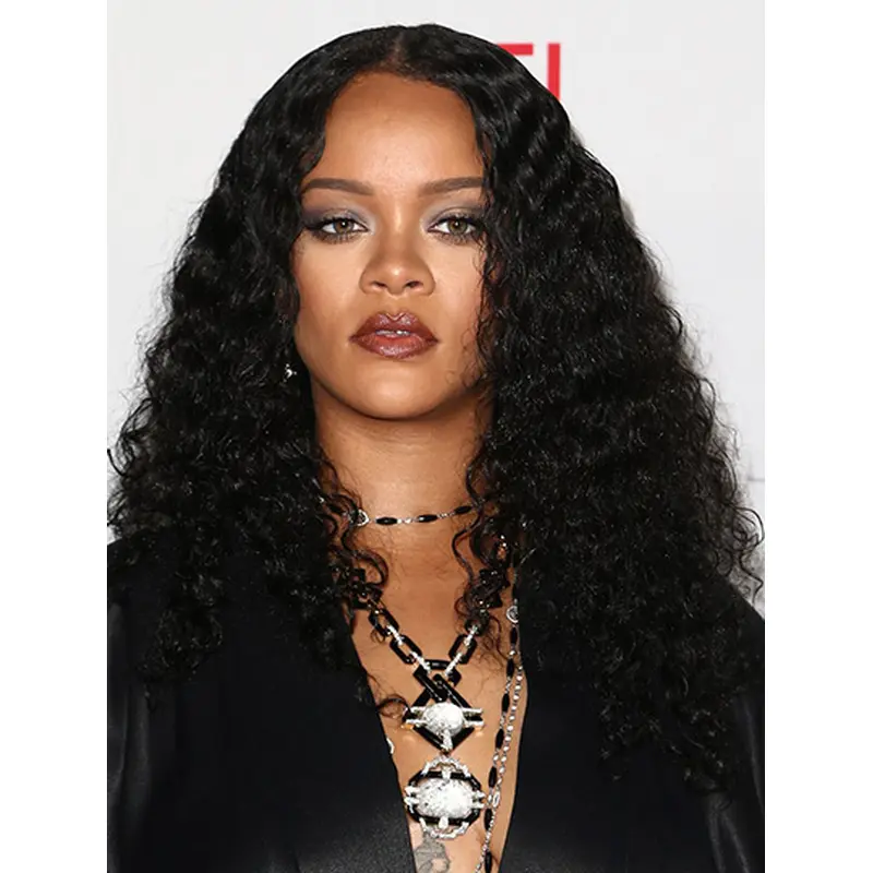 Black 16" Curly Without Bangs Long Rihanna Wigs