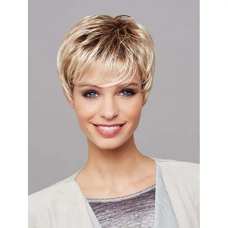 8" Platinum Blonde Short Layered Straight Synthetic Wigs