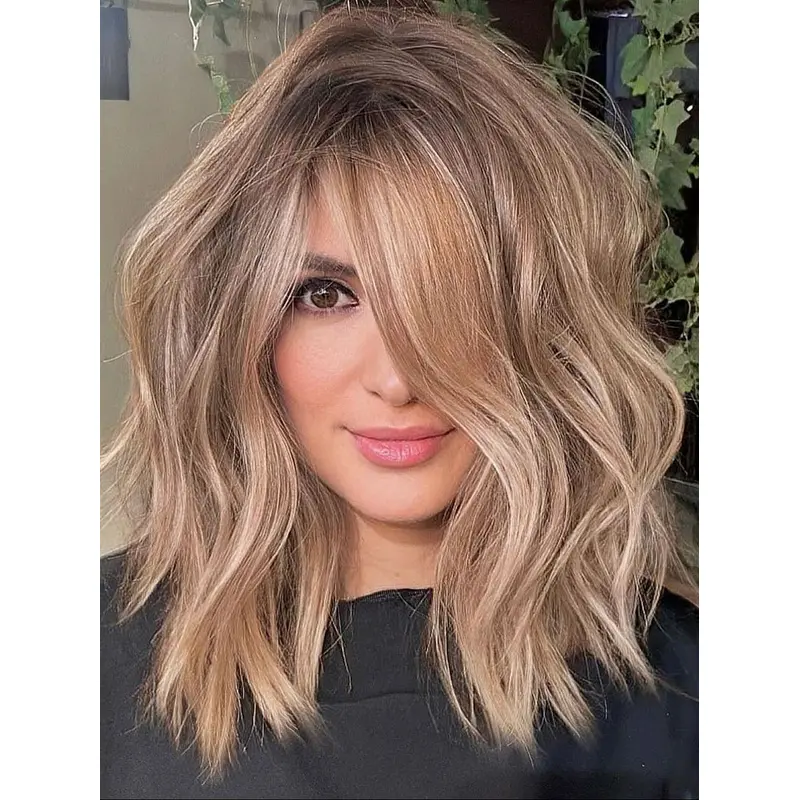 Blonde Medium Wigs Human Hair Monofilament 14" Wavy Layered Wigs
