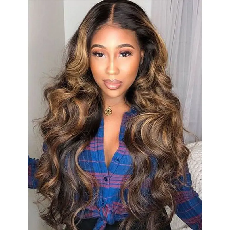 Body Wave Wigs With Highlights 100% Human Hair Pre Plucked Lace Front Wig For Women