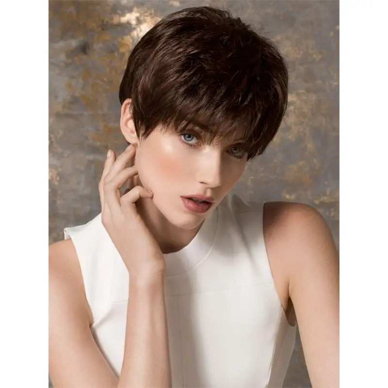 Unique Straight Brown Cropped Petite Monofilament Wigs 