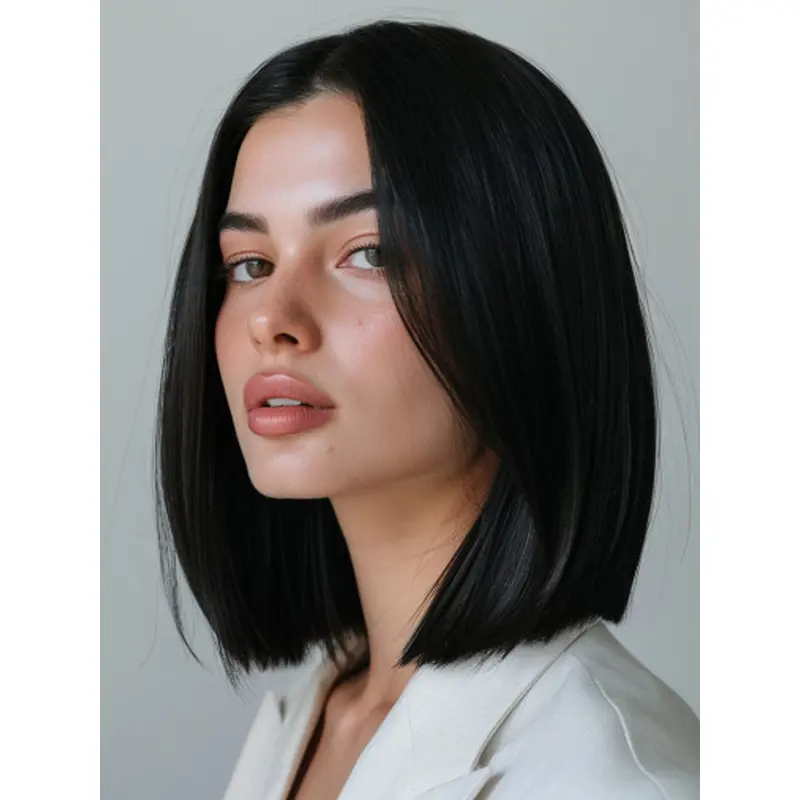 Human Hair Medium Wigs Black Monofilament 12" Straight Bobs Wigs