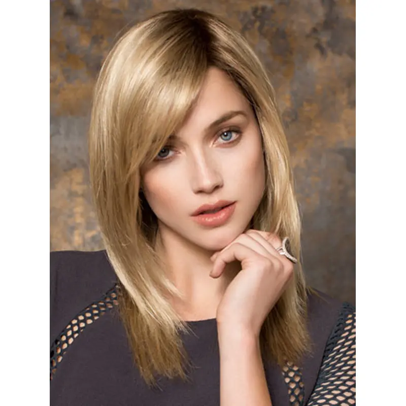 Blonde 16" With Bangs Long No-fuss Monofilament Wigs