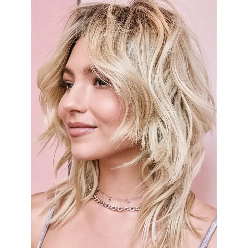 Medium Length Blonde Human Hair Wigs Monofilament 14" Wavy Layered Wigs