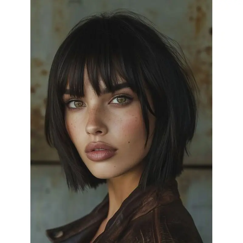 Black Medium Length Wig Lace Front 10" Synthetic Bobs Straight Wigs