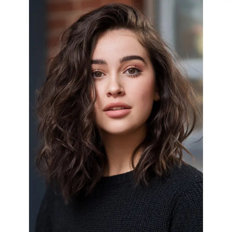 Medium Brown Human Hair Wigs Monofilament 12" Wavy Layered Wigs