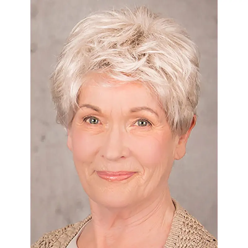 Short 8" 100% Hand-tied Grey Synthetic Layered Elderly Women Wig On