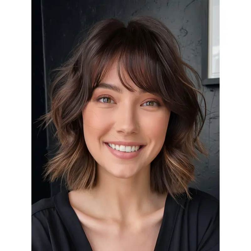 Medium Brown Wavy Wig Lace Front Shoulder Length Remy Human Hair Bobs 12" Wigs