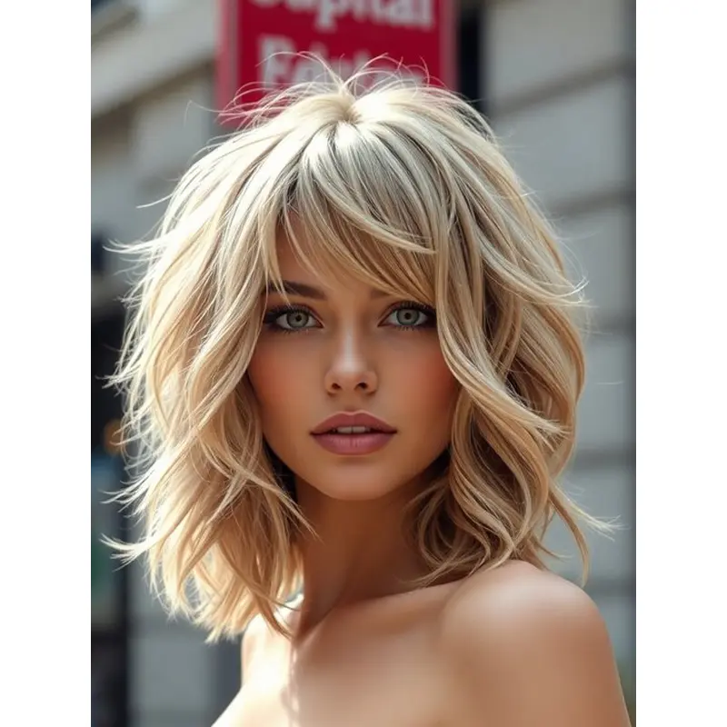 Medium Length Lace Front Wig Platinum Blonde Bobs 14" Wavy Wigs