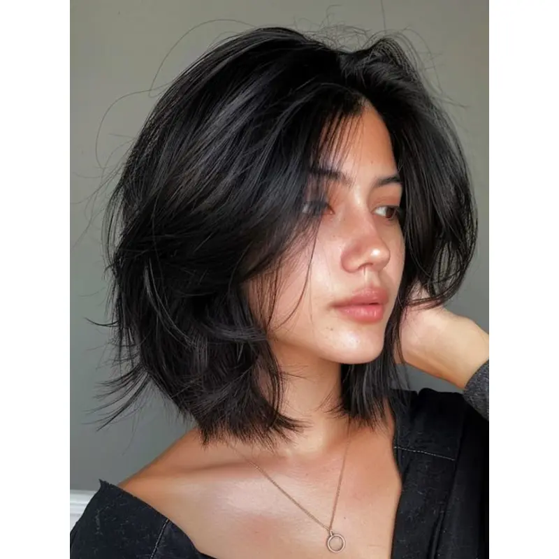 Black Medium Length Wig Lace Front 12" Synthetic Bobs Straight Wigs
