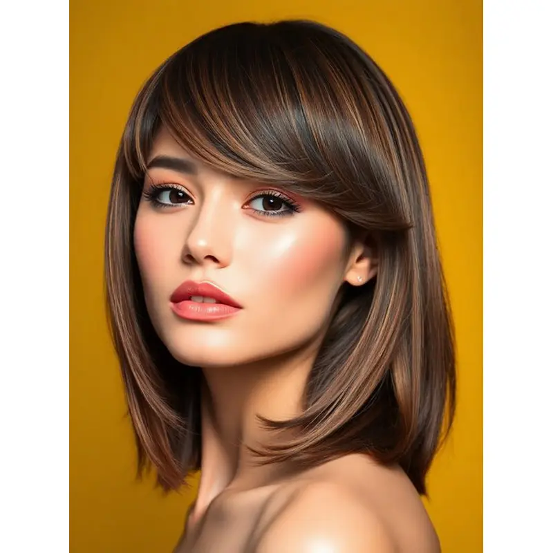 Medium Brown Human Hair Wigs Monofilament Bobs Straight 12" Shoulder Length Wigs