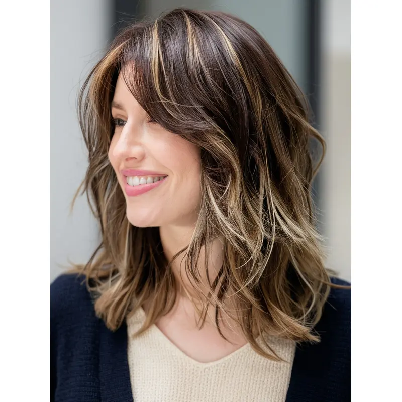 Medium Length Real Hair Wigs Monofilament 14" Wavy Layered Wigs