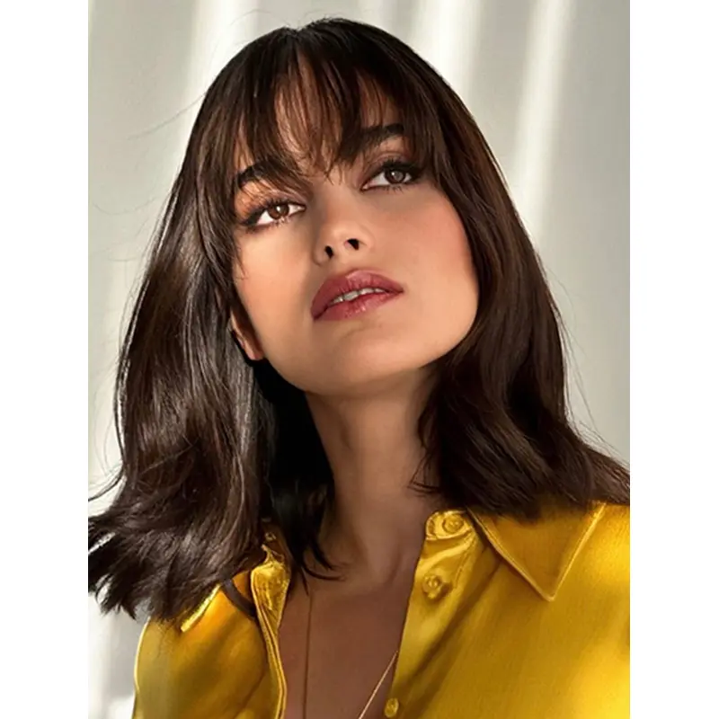 Synthetic With Bangs Wavy Brown Medium Length Hair Wig