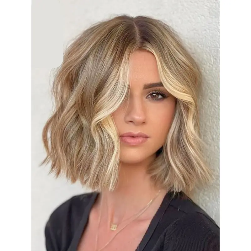 Medium Blonde Wig Bobs Shoulder Length 12" Wavy Lace Front Wigs
