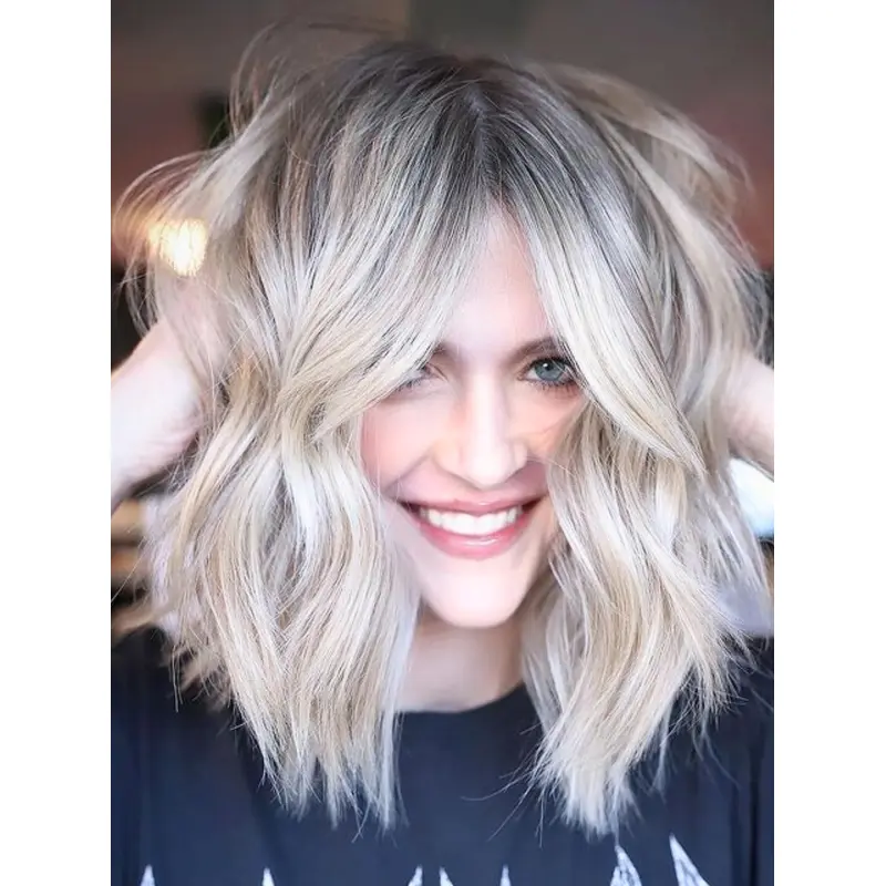 Wigs Medium Length Layered Wavy Synthetic 14" Platinum Blonde Monofilament Wigs