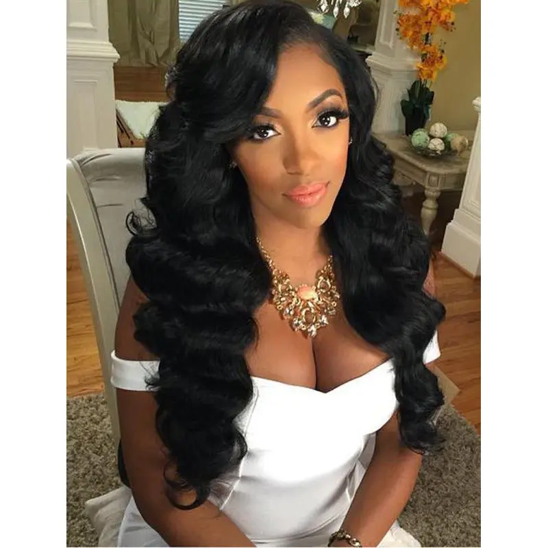 Black Wavy 22" Without Bangs Remy Human Hair 360 Lace Wigs