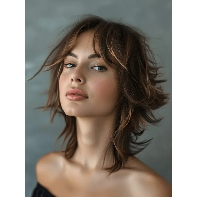 Medium Brown Wavy Wig Monofilament Shoulder Length Remy Human Hair Layered 12" Wigs