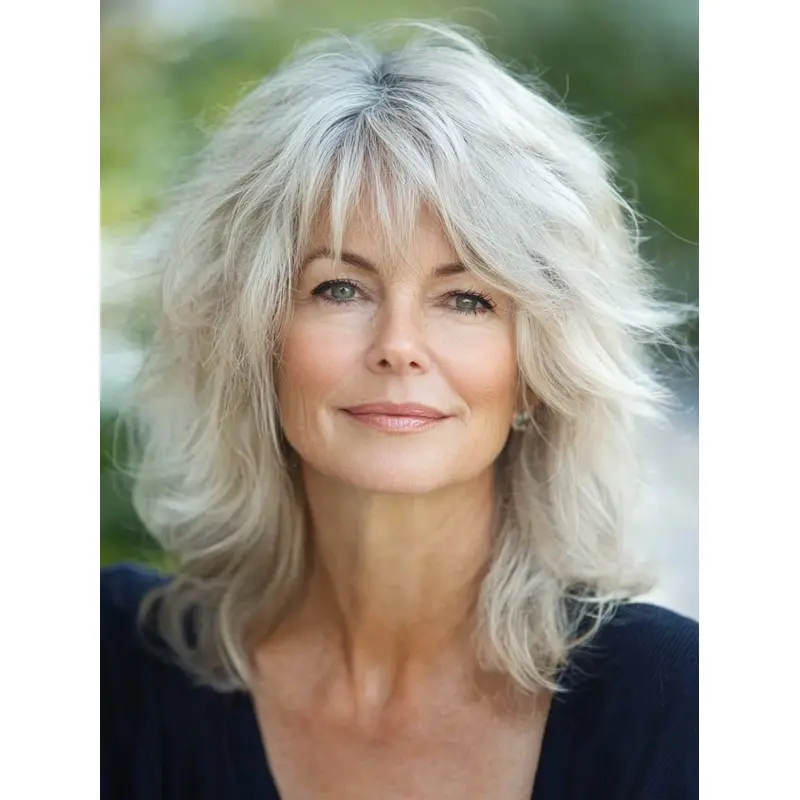 Medium Length Gray Wigs With Bangs Monofilament Synthetic Wigs