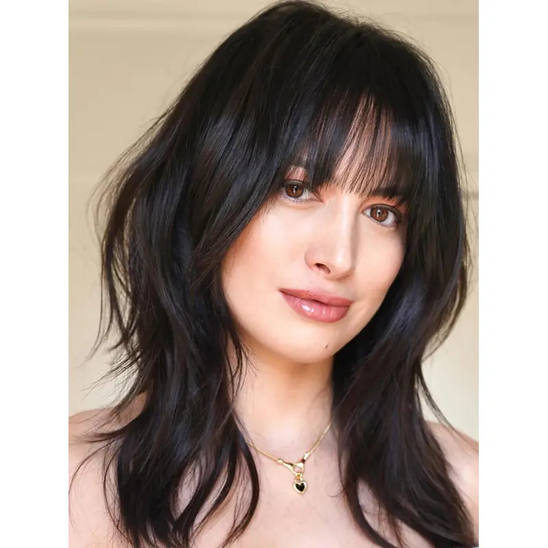 Mid Length Lace Front Wigs Black 14" With Bangs Wigs