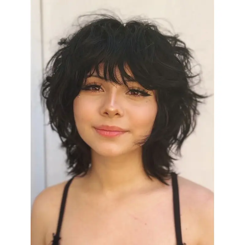 Human Hair Medium Wigs Black Monofilament 10" Curly With Bangs Wigs