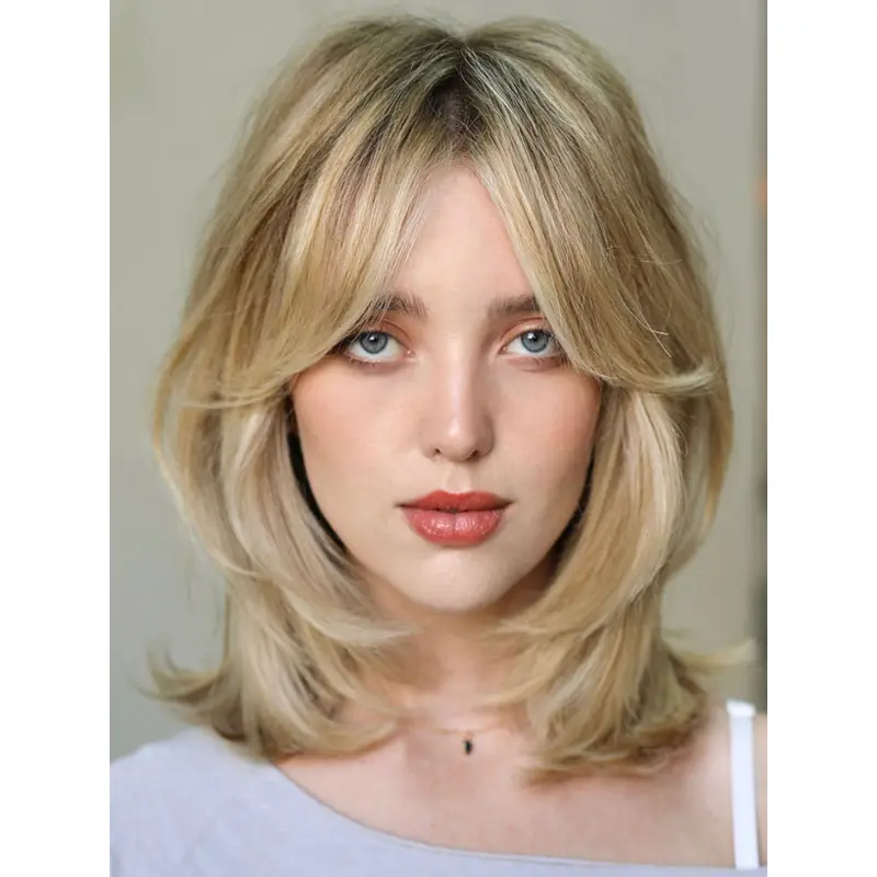 Human Hair Mid Length Wigs For Women Monofilament 12" Wavy With Bangs Wigs