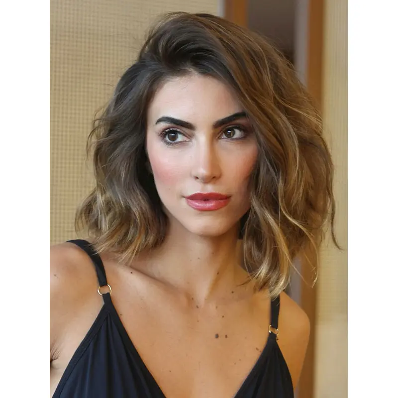 Mid Length Human Hair Wigs Monofilament 12" Wavy Layered Wigs