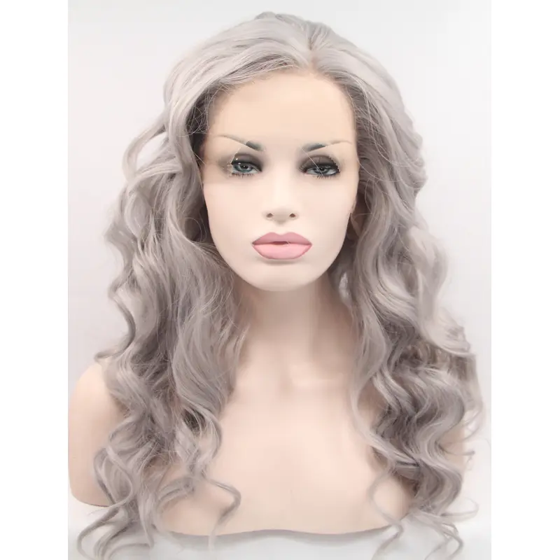 Synthetic Lace Front 22" Curly Grey Without Bangs Long Wigs