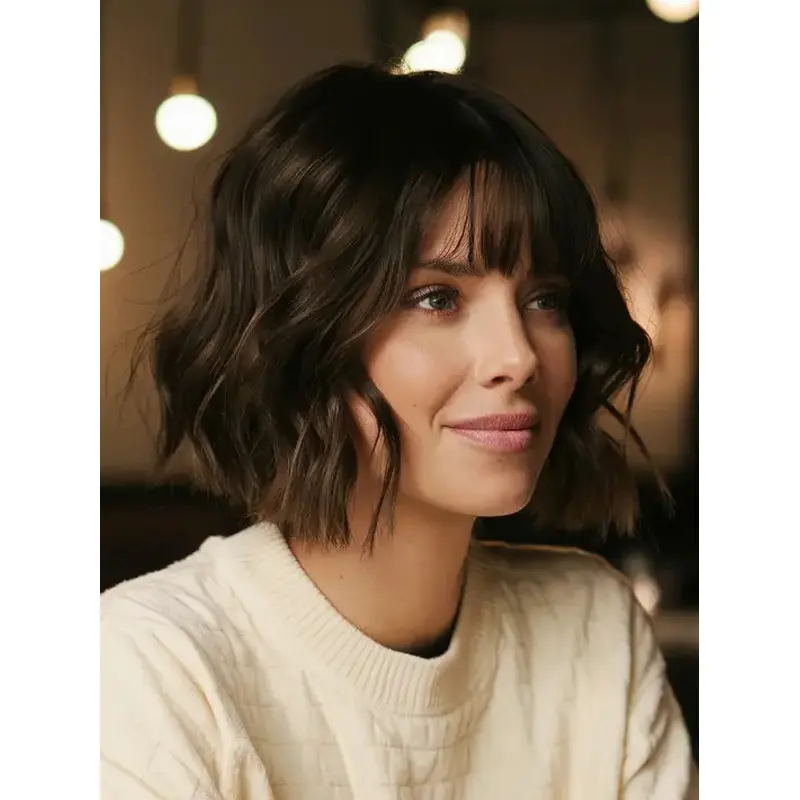 Medium Brown Wavy Wig Monofilament Chin Length Remy Human Hair Bobs 10" Wigs