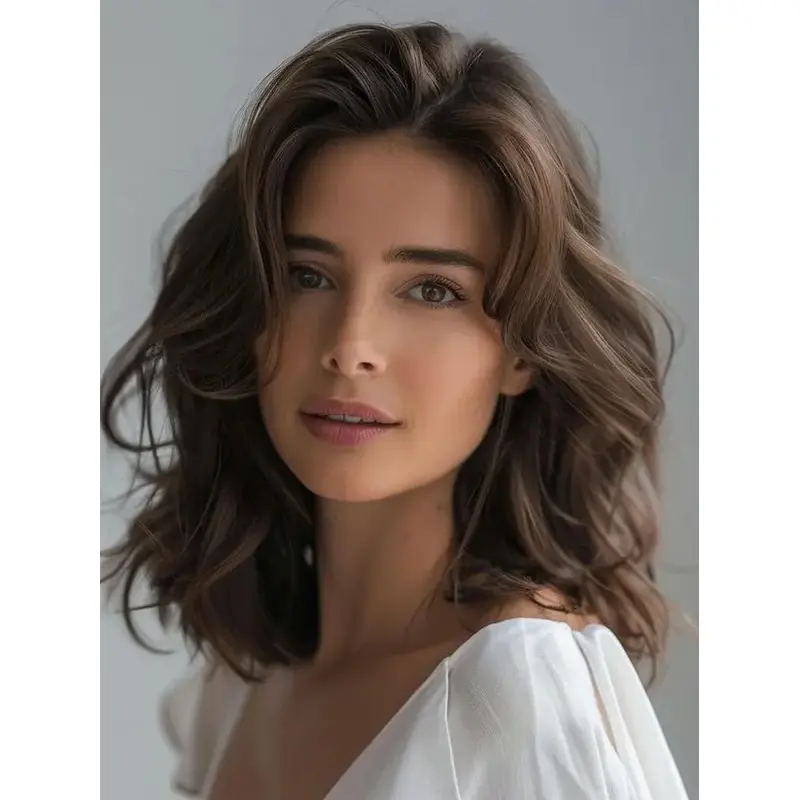 Medium Brown Wavy Wig Monofilament Shoulder Length Synthetic Layered 14" Wigs