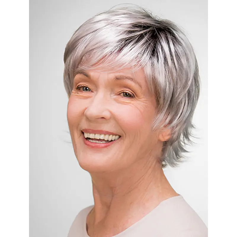 Short 8" 100% Hand-tied Grey Synthetic Layered Elderly Women Wigs