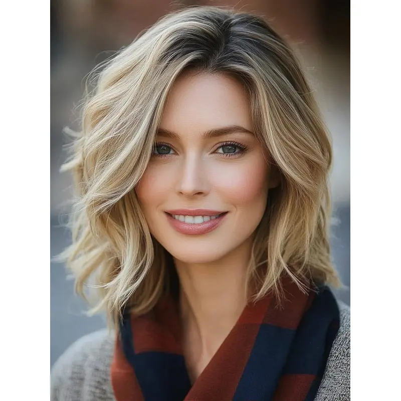 Medium Layered Wigs Lace Front Synthetic 12" Blonde Wavy Shoulder Length Wigs