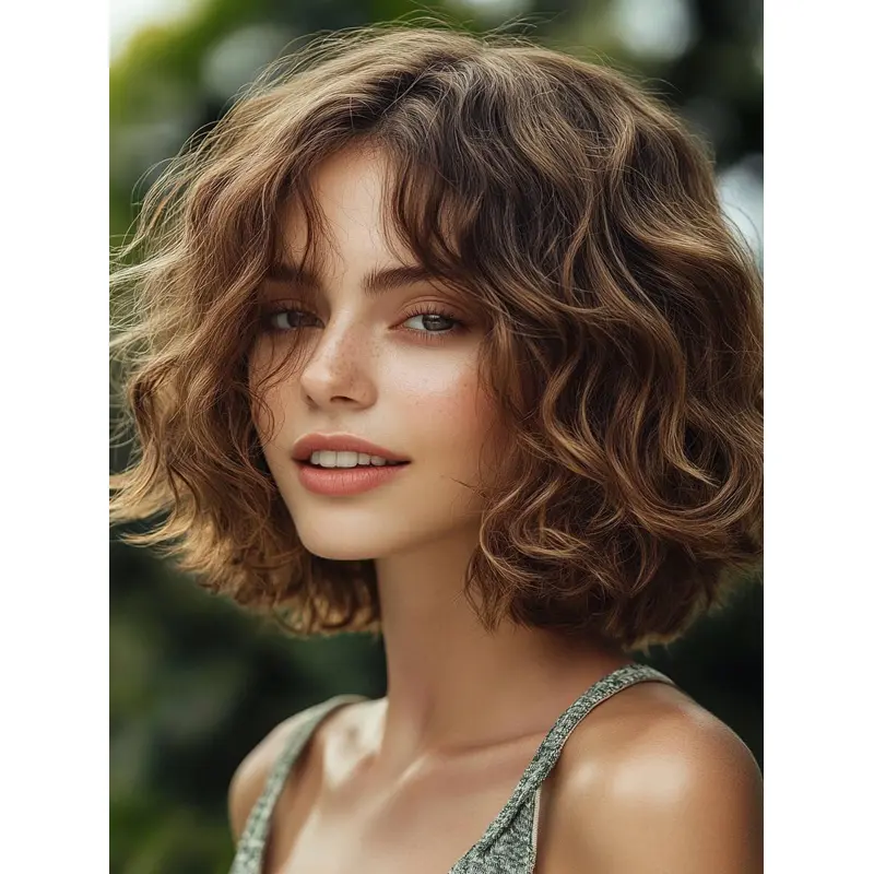 Brown Curly Medium Wig Remy Human Hair Bobs Lace Front 12" Shoulder Length Wigs