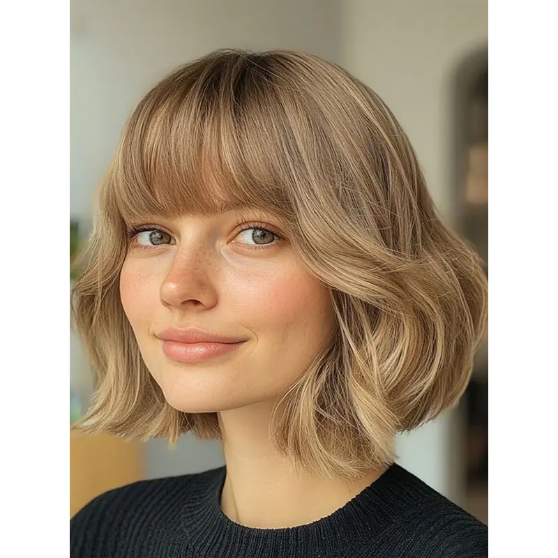 Medium Length Wig With Bangs Blonde Remy Human Hair Wavy 12" Monofilament Wigs