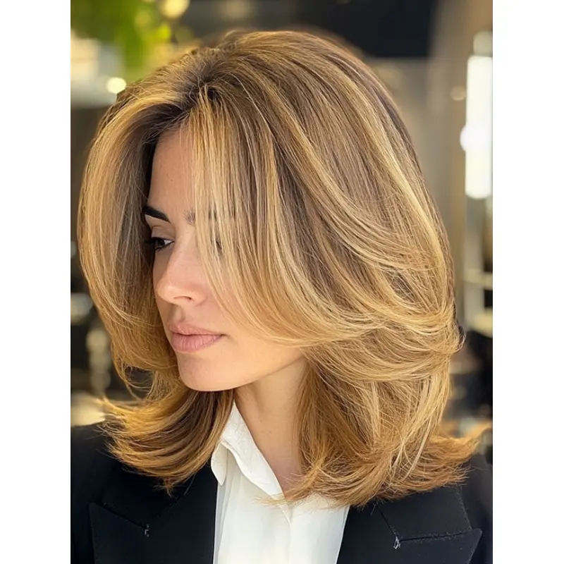 Wigs Medium Length 14" Lace Front Wavy Remy Human Hair Layered Blonde Wigs