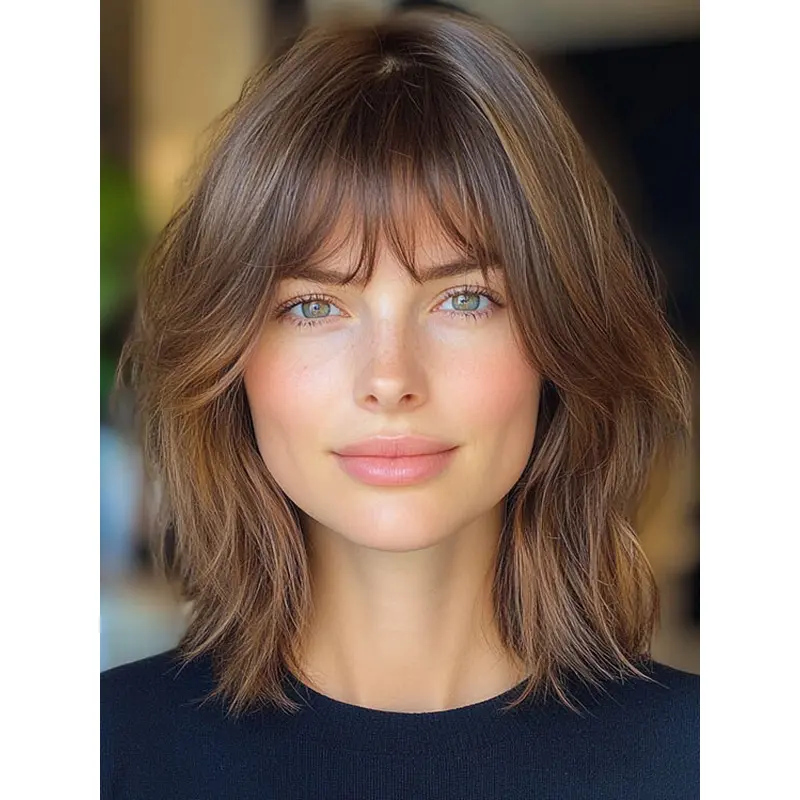Medium Brown Wig With Bangs Wavy Synthetic Monofilament 14" Shoulder Length Wigs