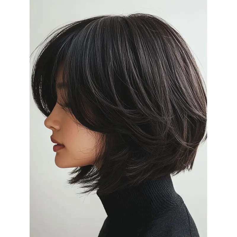 Straight Medium Length Wigs Monofilament 10" Black Bobs Wigs