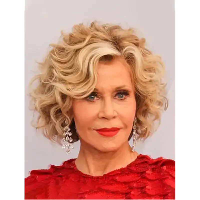 Blonde 12" Curly Bobs Chin Length Jane Fonda Wigs