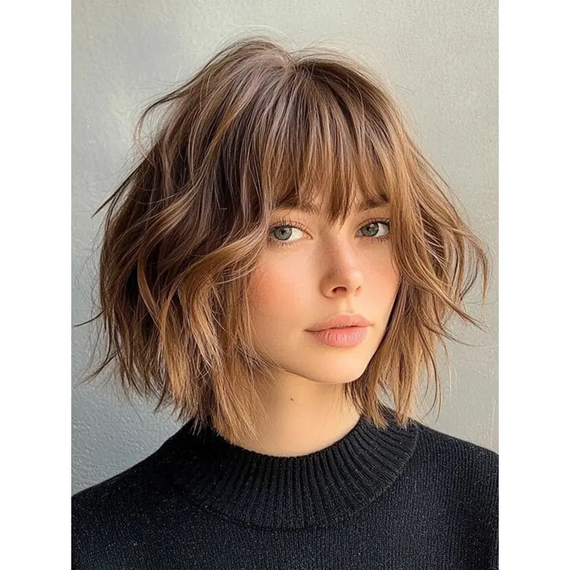 Medium Blonde Wig With Bangs Remy Human Hair Chin Length Monofilament Wavy 12" Wigs