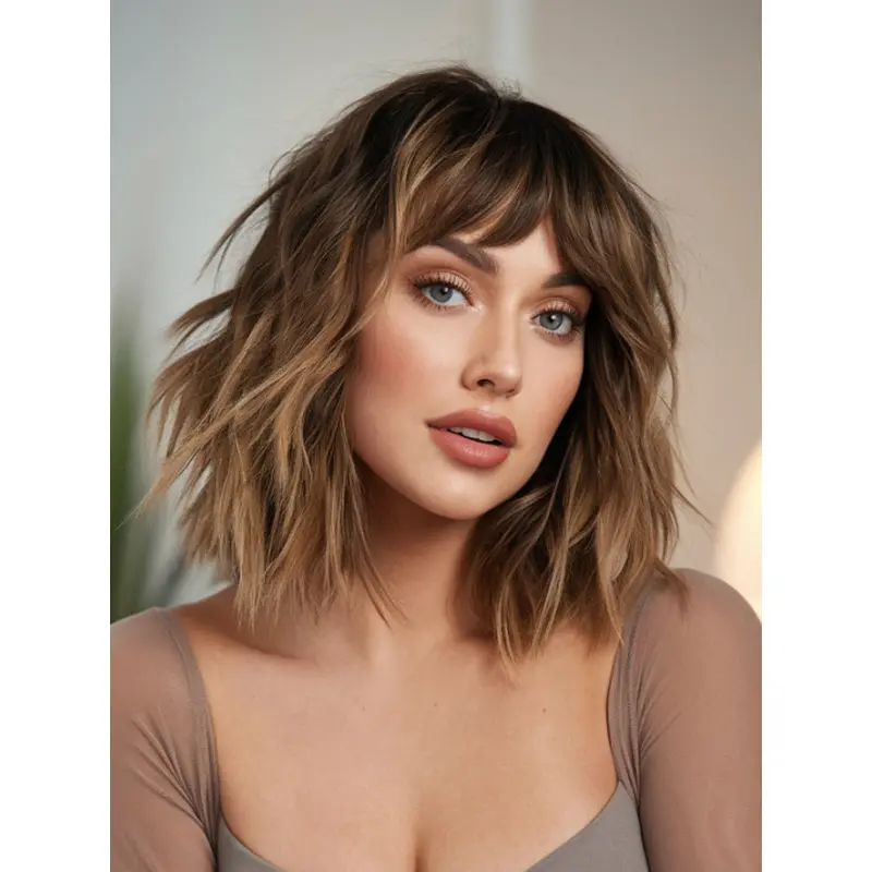 Medium Blonde Wig With Bangs Remy Human Hair Shoulder Length Lace Front Wavy 14" Wigs