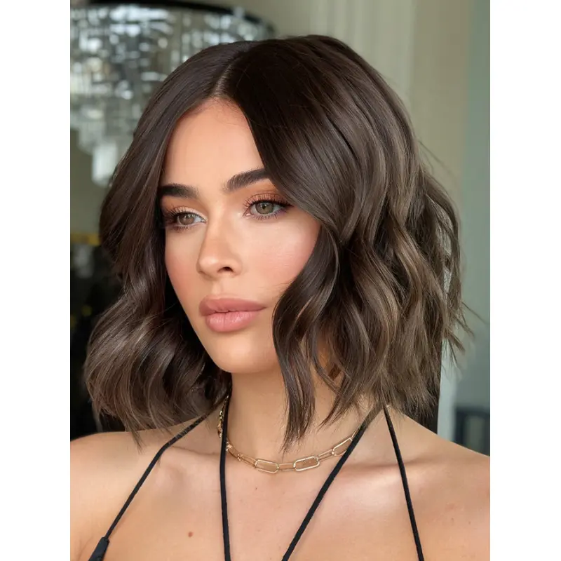 Medium Brown Lace Front Wig 12" Bobs Shoulder Length Synthetic Wavy Wigs
