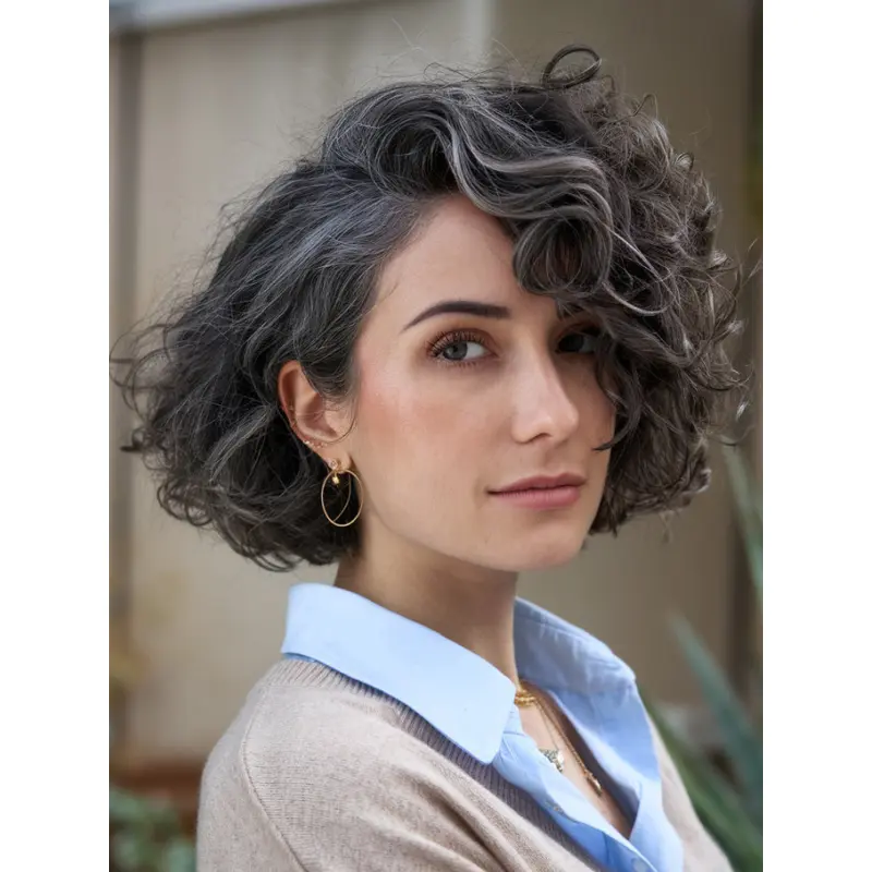Medium Curly Wig Grey Chin Length Layered 10" Monofilament Wigs
