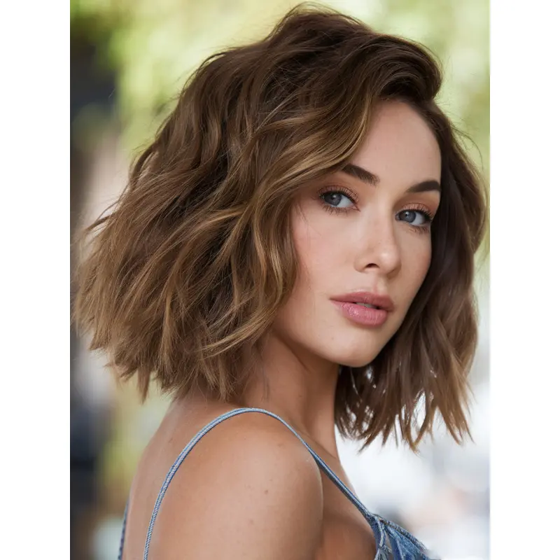 Wigs Medium Length Wavy Lace Front Bobs 12" Remy Human Hair Brown Wigs