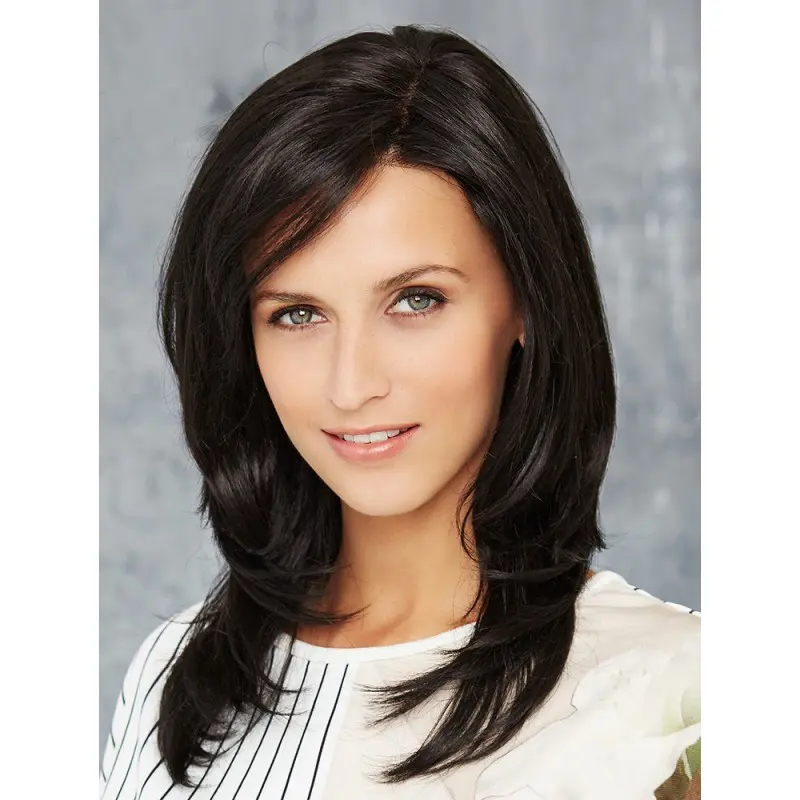 Black Synthetic With Bangs Straight Long Front Lace Wig