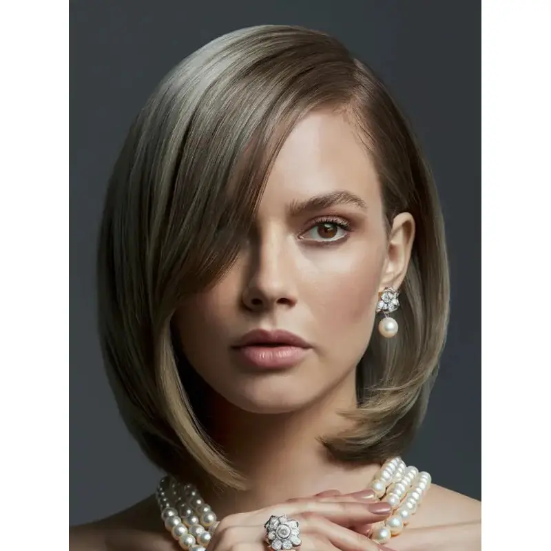 Medium Blonde Wig With Bangs Remy Human Hair Chin Length Lace Front Straight 10" Wigs