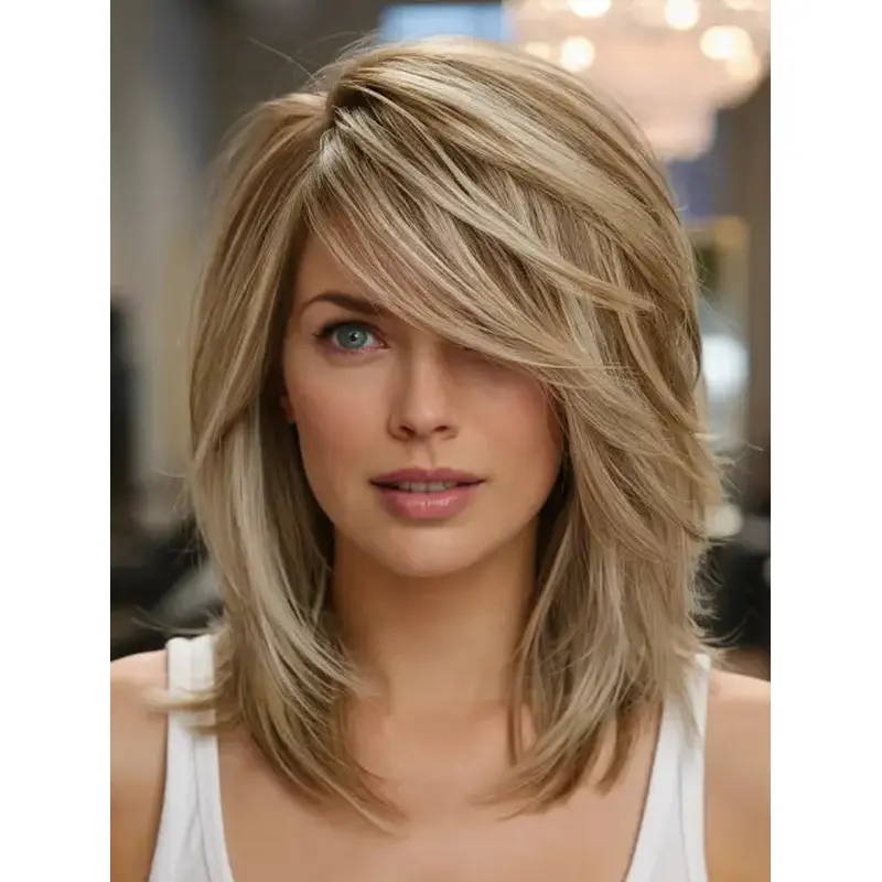 Wig Medium Hair Layered Shoulder Length Blonde 14" Synthetic Straight Wigs